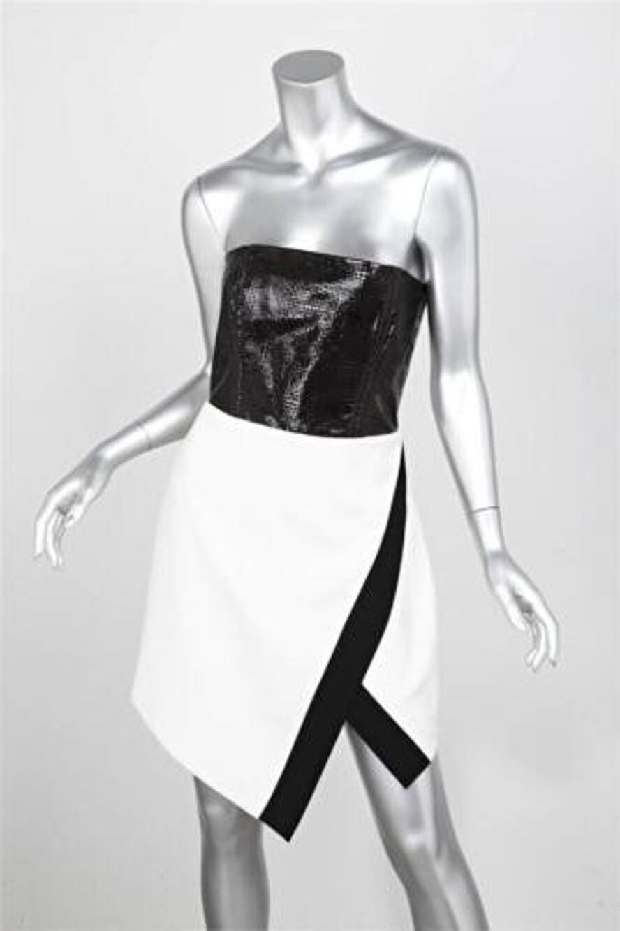 MASON Black+Cream Lasercut Leather Lambskin Strapless Sheath Dress 2 A000977